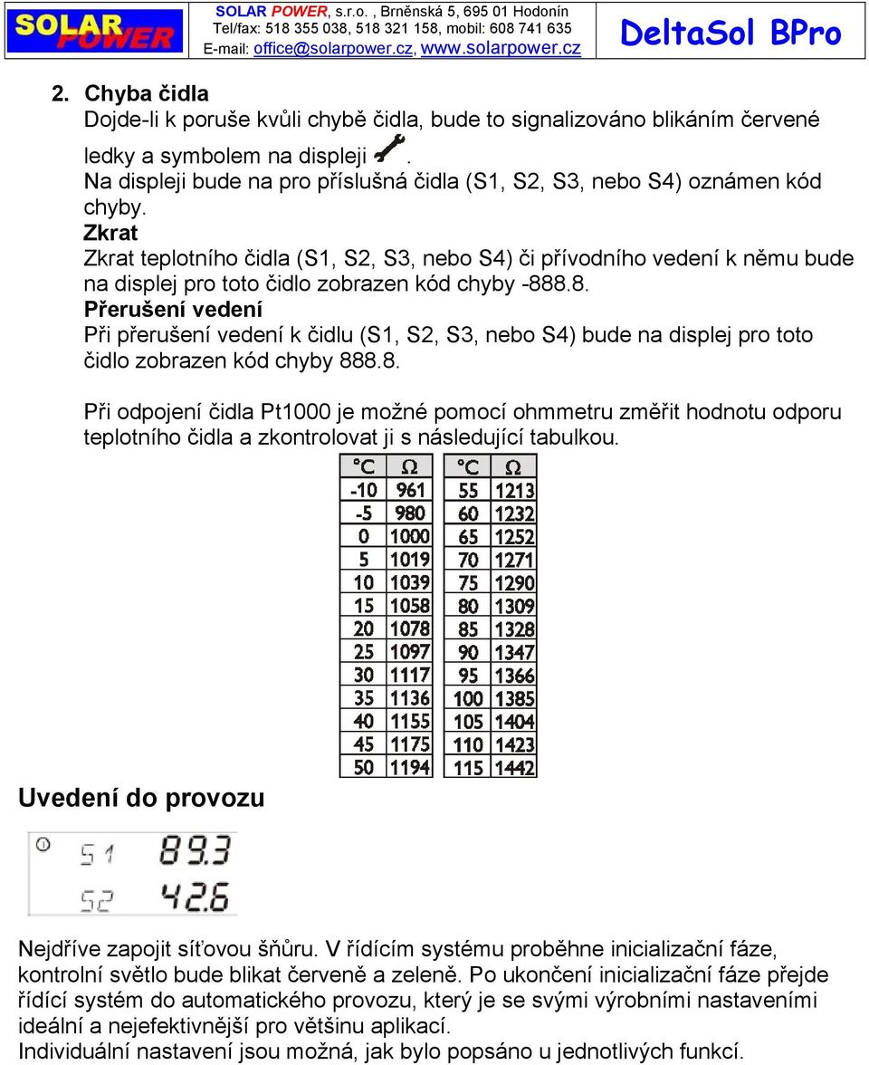 Zkrat Zkrat teplotního čidla (S1, S2, S3, nebo S4) či přívodního vedení k němu bude na displej pro toto čidlo zobrazen kód chyby -88