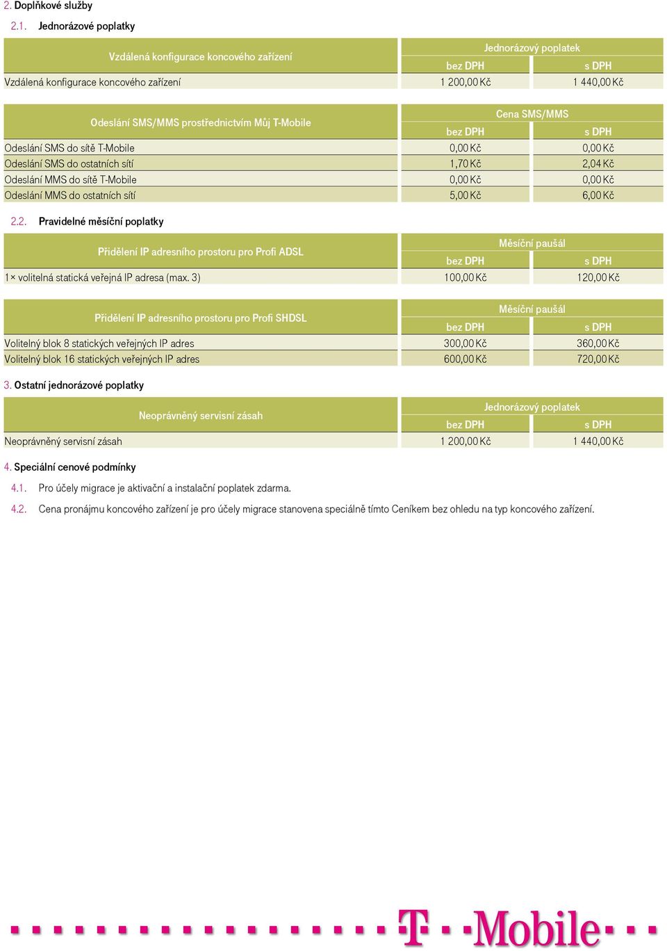 SMS/MMS Odeslání SMS do sítě T-Mobile 0,00 Kč 0,00 Kč Odeslání SMS do ostatních sítí 1,70 Kč 2,