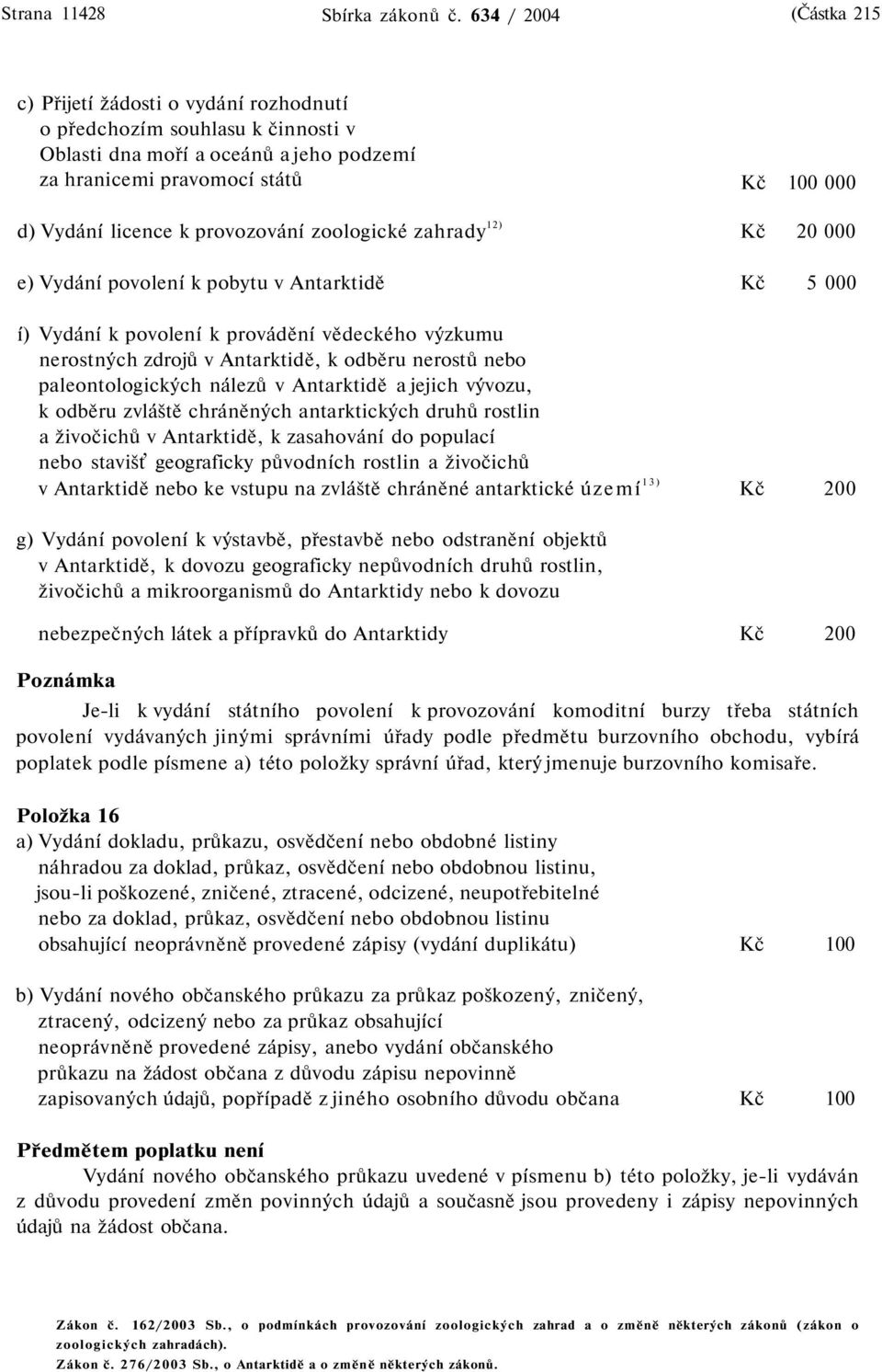 provozování zoologické zahrady 12) 20 000 e) Vydání povolení k pobytu v Antarktidě 5 000 í) Vydání k povolení k provádění vědeckého výzkumu nerostných zdrojů v Antarktidě, k odběru nerostů nebo