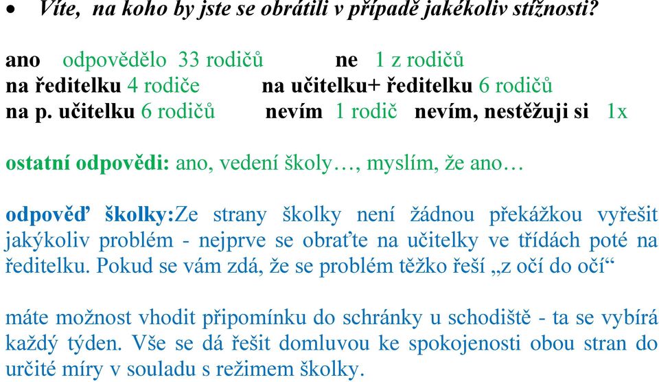 učitelku 6 rodičů nevím 1 rodič nevím, nestěžuji si 1x ostatní odpovědi: ano, vedení školy, myslím, ţe ano odpověď školky:ze strany školky není ţádnou překáţkou