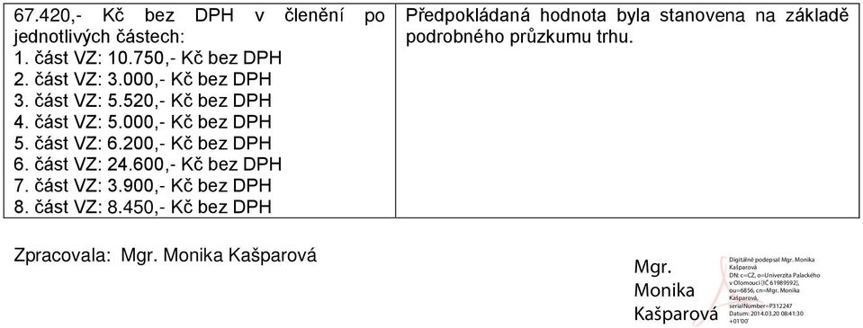 200,- Kč bez DPH 6. část VZ: 24.600,- Kč bez DPH 7. část VZ: 3.900,- Kč bez DPH 8. část VZ: 8.