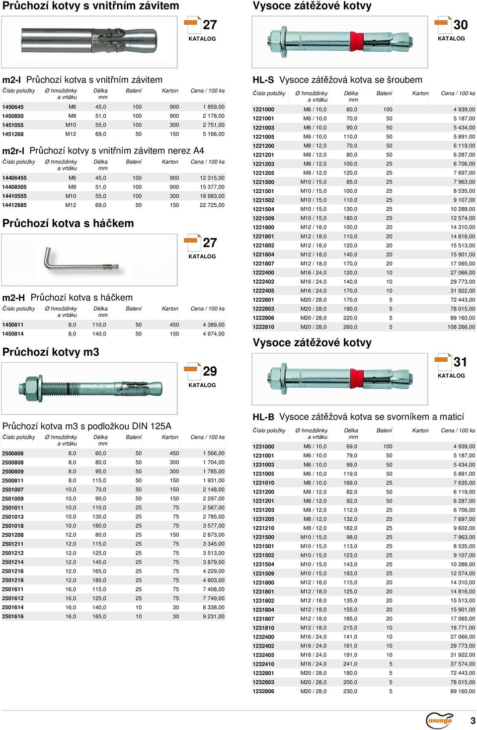 Průchozí kotva s háčkem m2-h Průchozí kotva s háčkem 27 4508 8,0 0,0 50 450 4 389,00 45084 8,0 40,0 50 50 4 974,00 Průchozí kotvy m3 29 HL-S Vysoce zátěžová kotva se šroubem 22000 M6 / 0,0 60,0 00 4