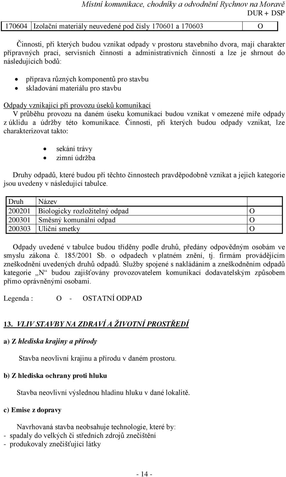 provozu na daném úseku komunikací budou vznikat v omezené míře odpady z úklidu a údržby této komunikace.