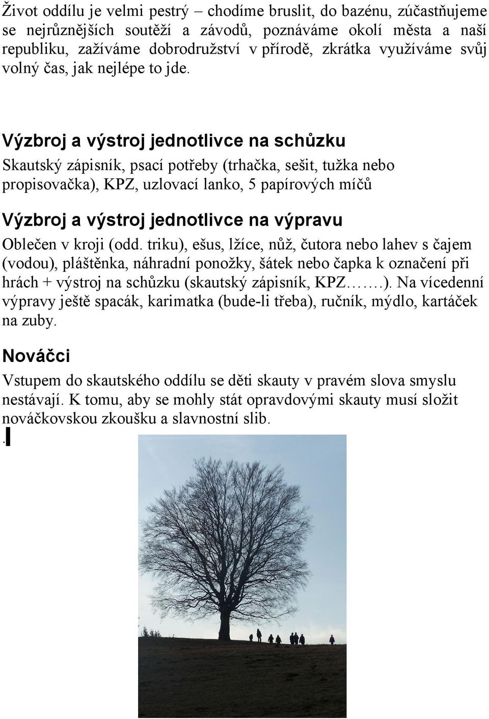 Výzbroj a výstroj jednotlivce na schůzku Skautský zápisník, psací potřeby (trhačka, sešit, tužka nebo propisovačka), KPZ, uzlovací lanko, 5 papírových míčů Výzbroj a výstroj jednotlivce na výpravu