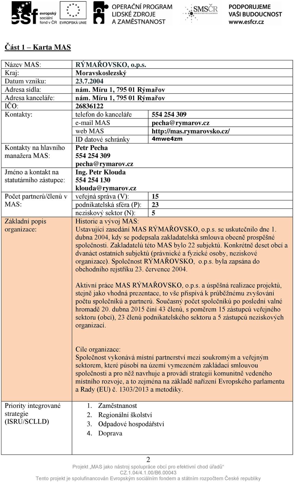 cz/ ID datové schránky 4mwe4zm Kontakty na hlavního manažera MAS: Petr Pecha 554 254 309 Jméno a kontakt na statutárního zástupce: Počet partnerů/členů v MAS: Základní popis organizace: pecha@rymarov.