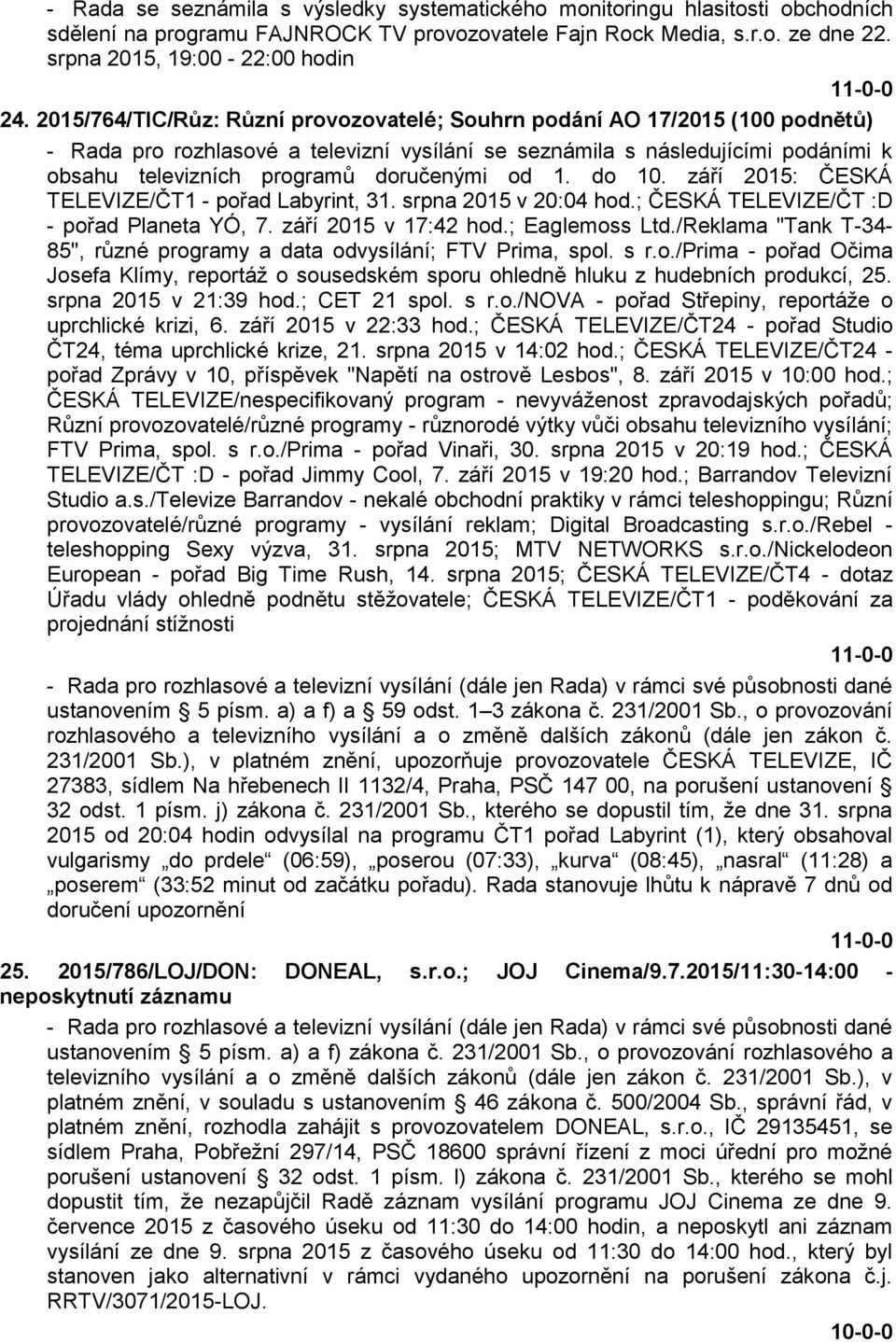 od 1. do 10. září 2015: ČESKÁ TELEVIZE/ČT1 - pořad Labyrint, 31. srpna 2015 v 20:04 hod.; ČESKÁ TELEVIZE/ČT :D - pořad Planeta YÓ, 7. září 2015 v 17:42 hod.; Eaglemoss Ltd.