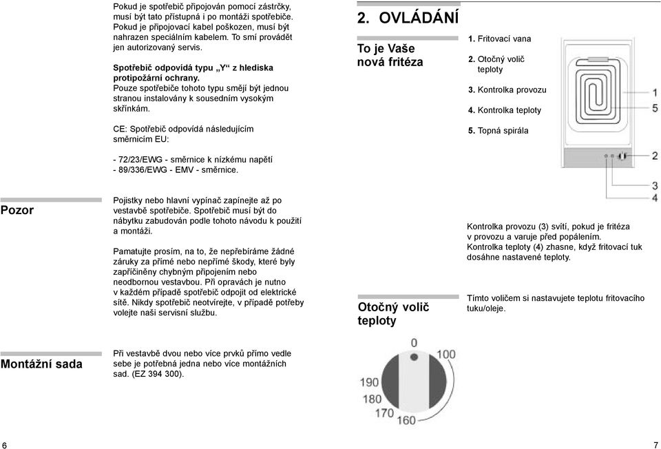 OVLÁDÁNÍ To je Vaše nová fritéza 1. Fritovací vana 2. Otočný volič teploty 3. Kontrolka provozu 4. Kontrolka teploty CE: Spotřebič odpovídá následujícím směrnicím EU: 5.