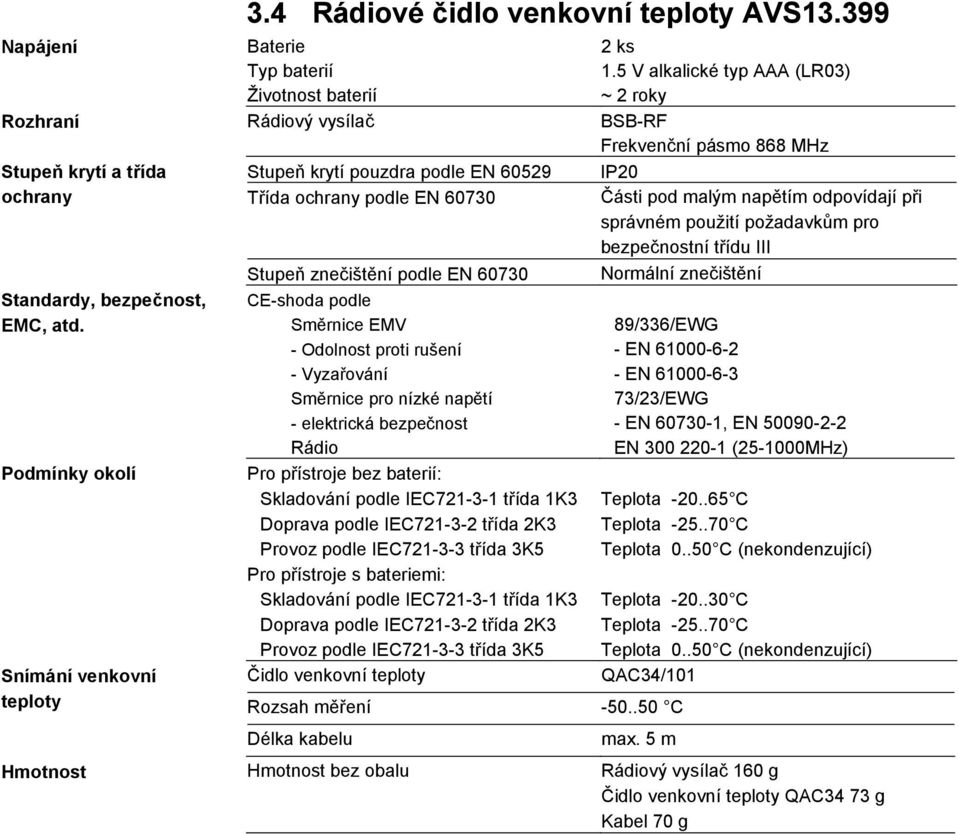 proti rušení - Vyzařování Směrnice pro nízké napětí - elektrická bezpečnost Rádio Pro přístroje bez baterií: Skladování podle IEC721-3-1 třída 1K3 Doprava podle IEC721-3-2 třída 2K3 Provoz podle