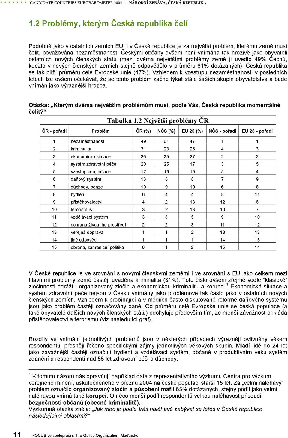 Českými občany ovšem není vnímána tak hrozivě jako obyvateli ostatních nových členských států (mezi dvěma největšími problémy země ji uvedlo 49% Čechů, kdežto v nových členských zemích stejně