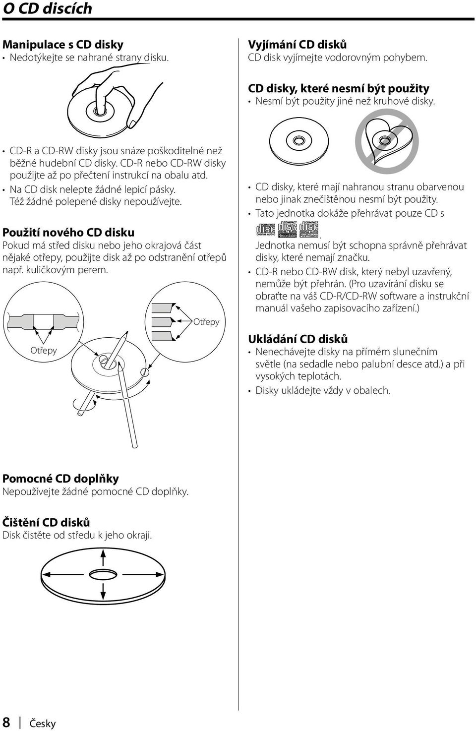 CD-R nebo CD-RW disky použijte až po přečtení instrukcí na obalu atd. Na CD disk nelepte žádné lepicí pásky. Též žádné polepené disky nepoužívejte.