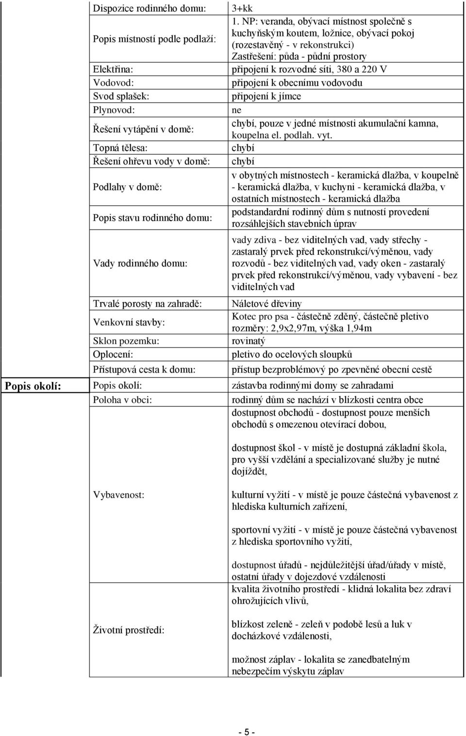 NP: veranda, obývací místnost společně s kuchyňským koutem, ložnice, obývací pokoj (rozestavěný - v rekonstrukci) Zastřešení: půda - půdní prostory připojení k rozvodné síti, 380 a 220 V připojení k