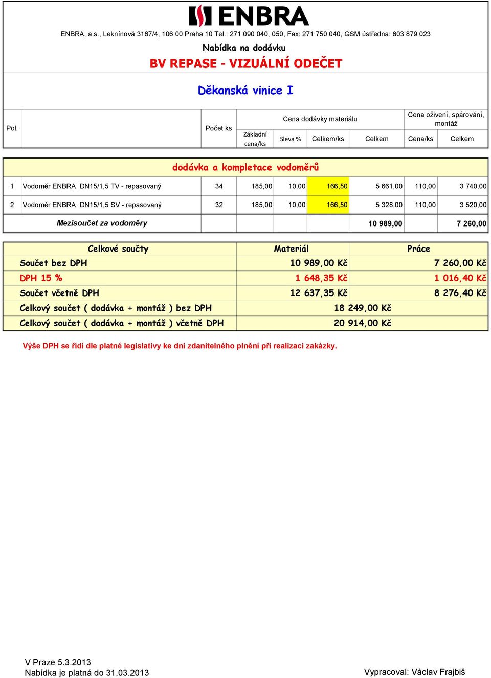 260,00 Součet bez DPH 10 989,00 Kč 7 260,00 Kč DPH 15 % 1 648,35 Kč 1 016,40 Kč Součet včetně DPH 12 637,35 Kč