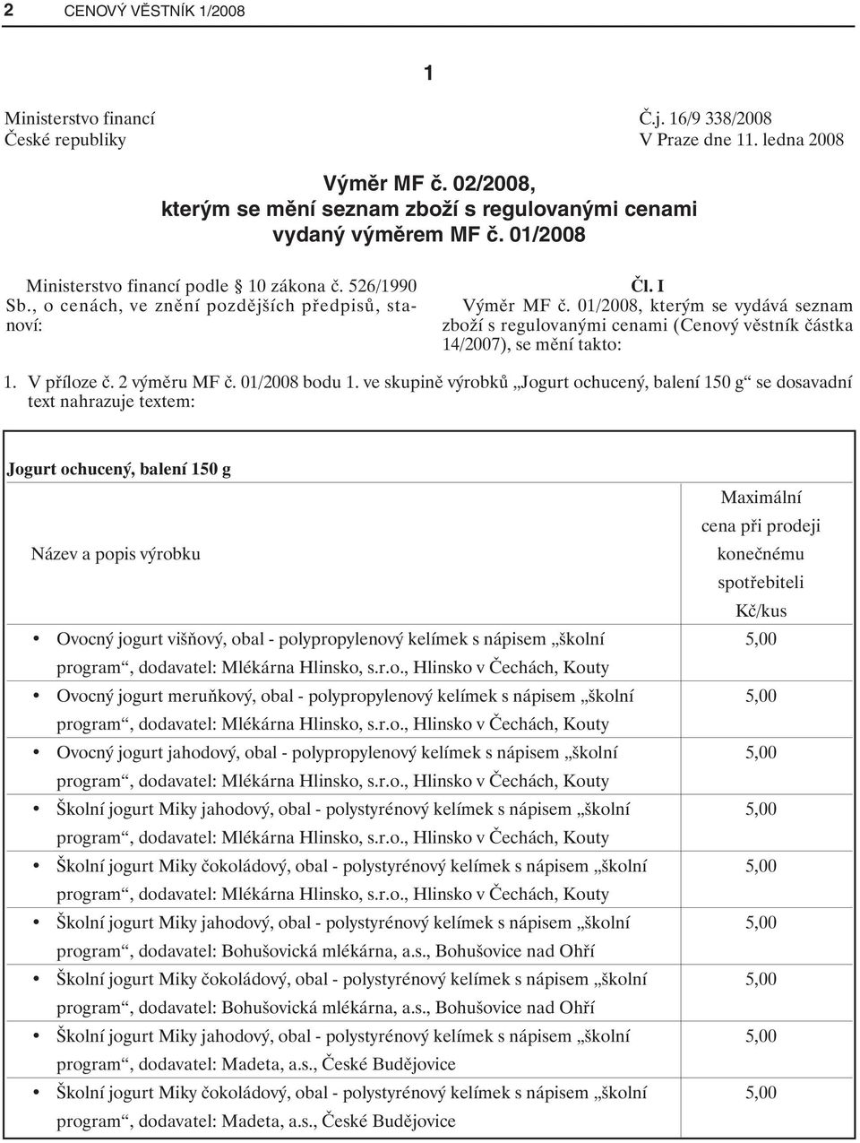 01/2008, kterým se vydává seznam zboží s regulovanými cenami (Cenový věstník částka 14/2007), se mění takto: 1. V příloze č. 2 výměru MF č. 01/2008 bodu 1.