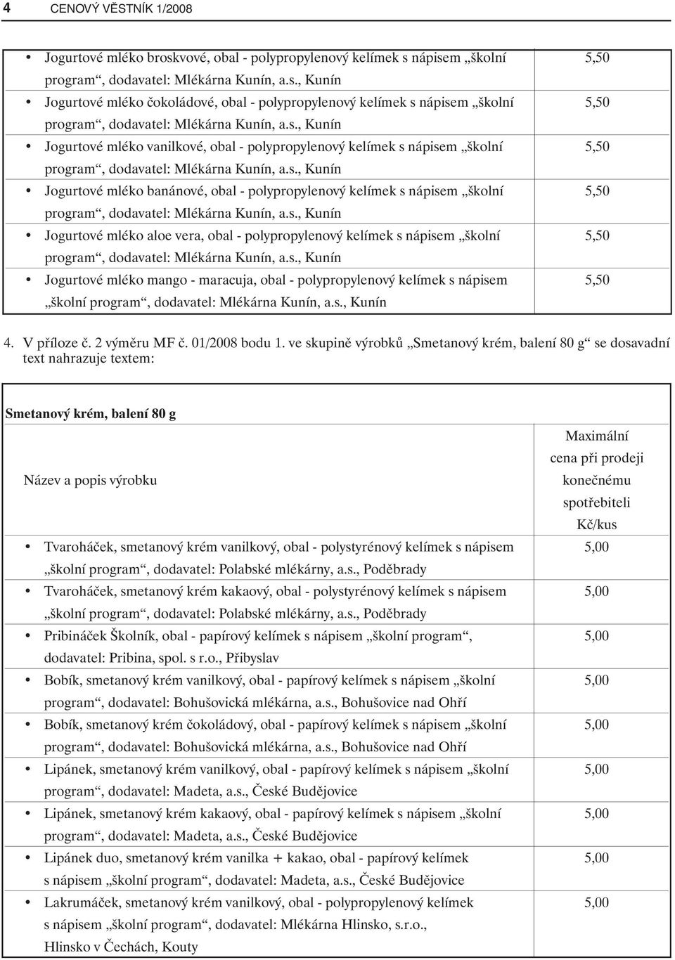 kelímek s nápisem školní 5,50 Jogurtové mléko mango - maracuja, obal - polypropylenový kelímek s nápisem 5,50 školní 4. V příloze č. 2 výměru MF č. 01/2008 bodu 1.