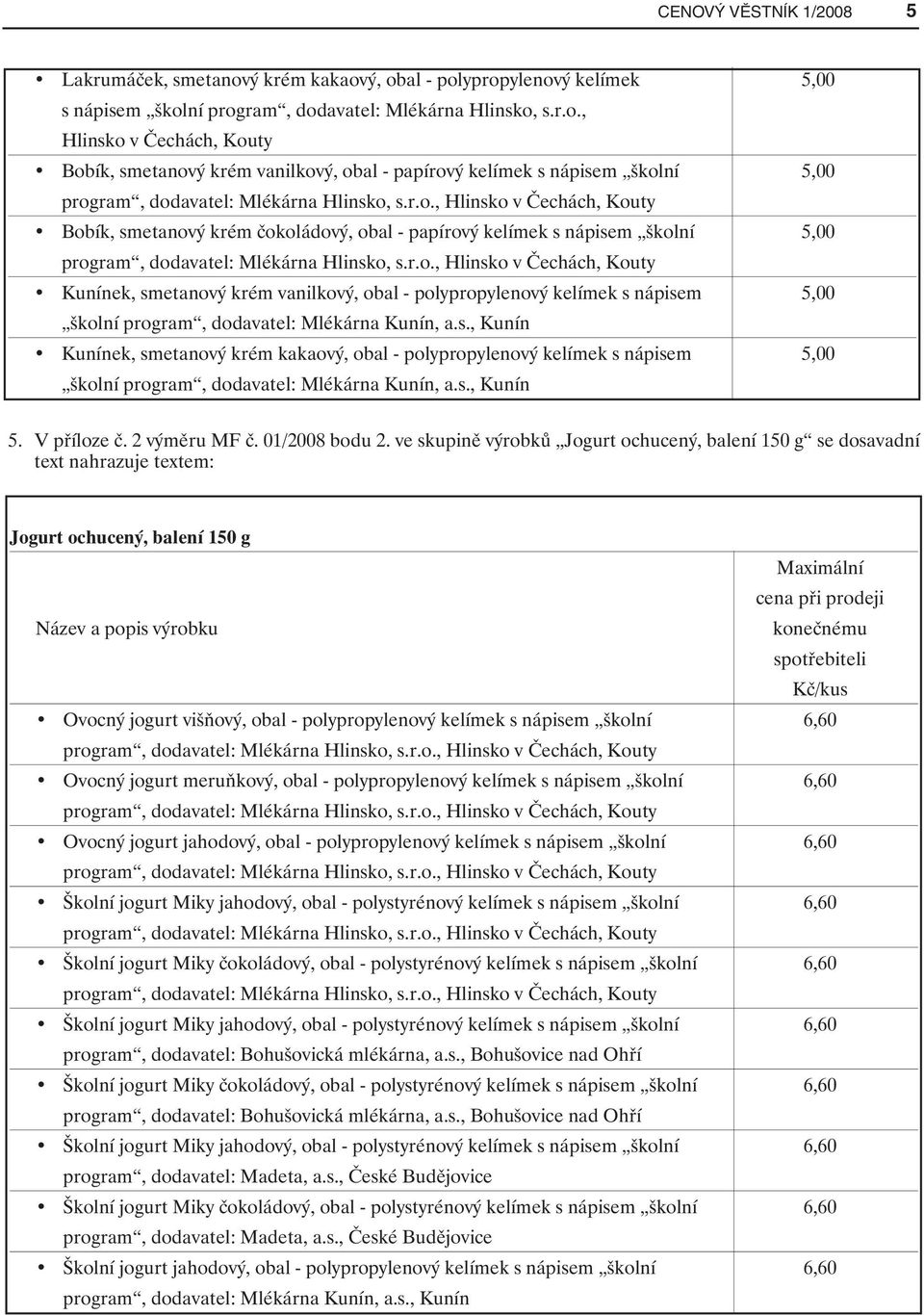 ý, obal - polypropylenový kelímek 5,00 s nápisem školní program, dodavatel: Mlékárna Hlinsko, s.r.o., Hlinsko v Čechách, Kouty Bobík, smetanový krém vanilkový, obal - papírový kelímek s nápisem