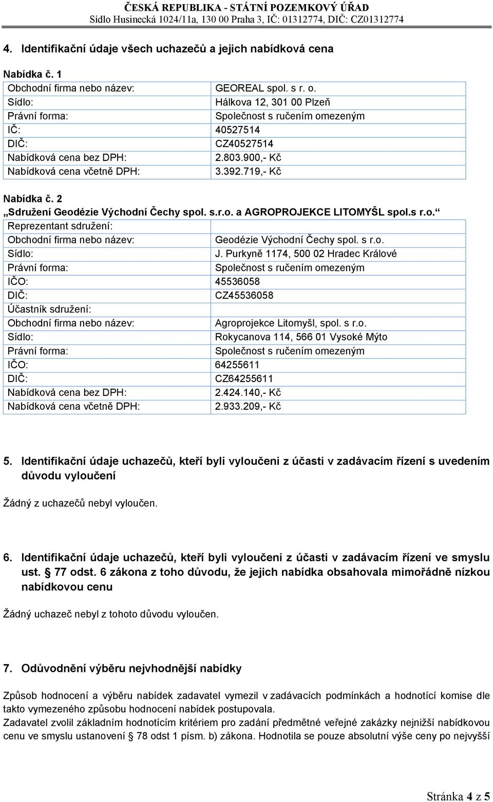 s r.o. Reprezentant sdružení: Obchodní firma nebo název: Geodézie Východní Čechy spol. s r.o. J.