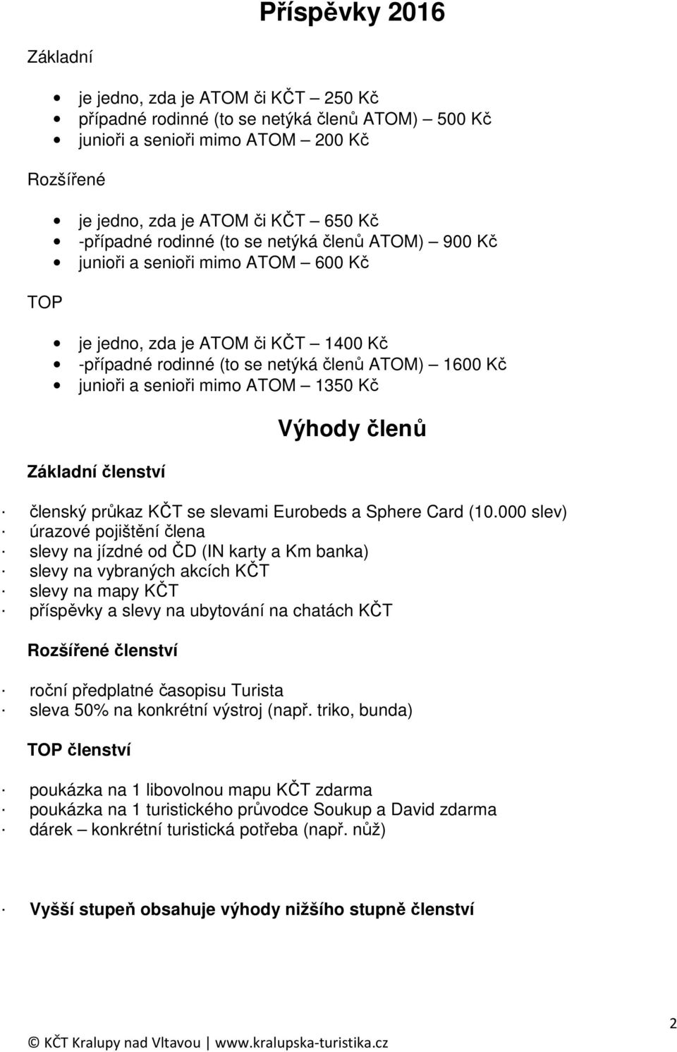 ATOM 1350 Kč Základní členství Výhody členů členský průkaz KČT se slevami Eurobeds a Sphere Card (10.