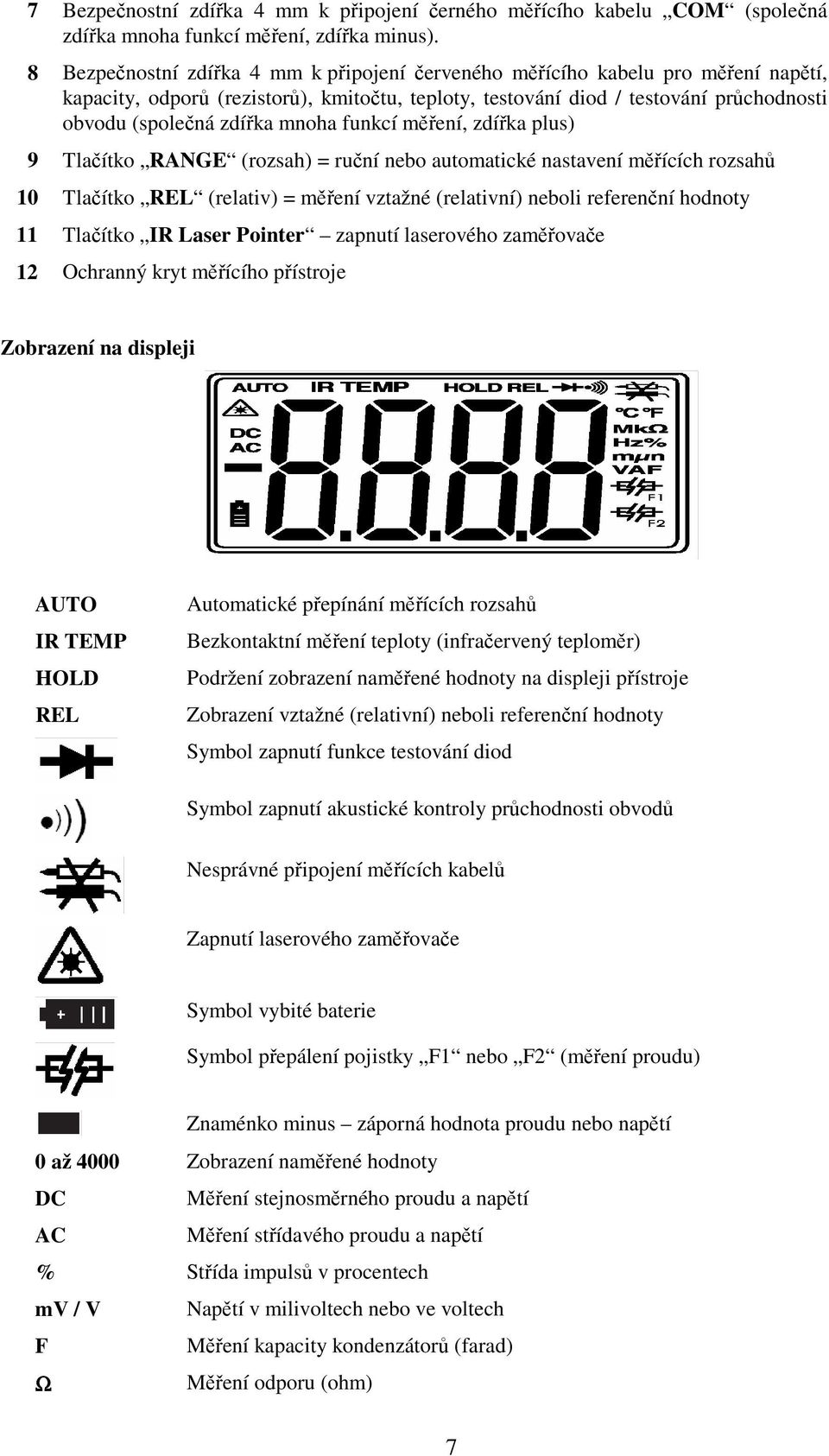 mení, zdíka plus) 9 Tlaítko RANGE (rozsah) = runí nebo automatické nastavení mících rozsah 10 Tlaítko REL (relativ) = mení vztažné (relativní) neboli referenní hodnoty 11 Tlaítko IR Laser Pointer