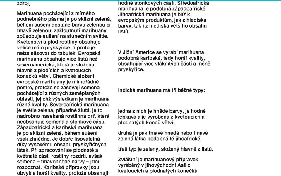 Evropská marihuana obsahuje více listů než severoamerická, která je složena hlavně z plodících a kvetoucích konečků větví.