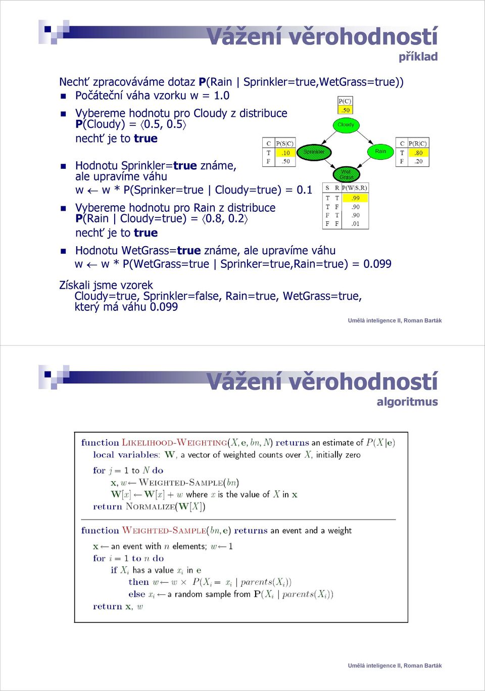5 nechť je to true Hodnotu Sprinkler=true známe, ale upravíme váhu w w * P(Sprinker=true Cloudy=true) = 0.