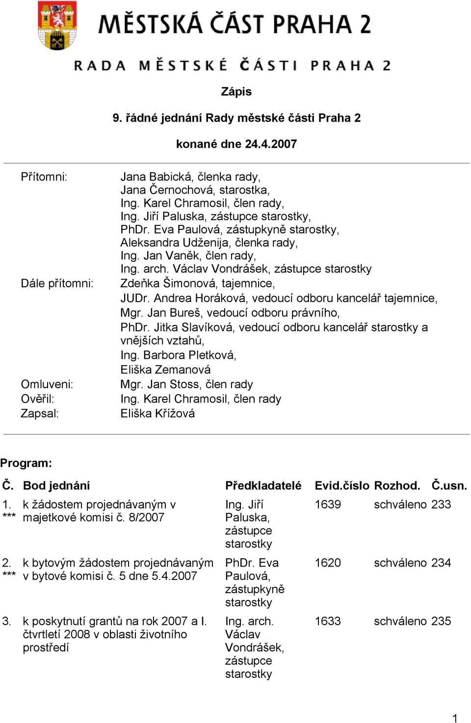 Václav Vondrášek, zástupce starostky Zdeňka Šimonová, tajemnice, JUDr. Andrea Horáková, vedoucí odboru kancelář tajemnice, Mgr. Jan Bureš, vedoucí odboru právního, PhDr.