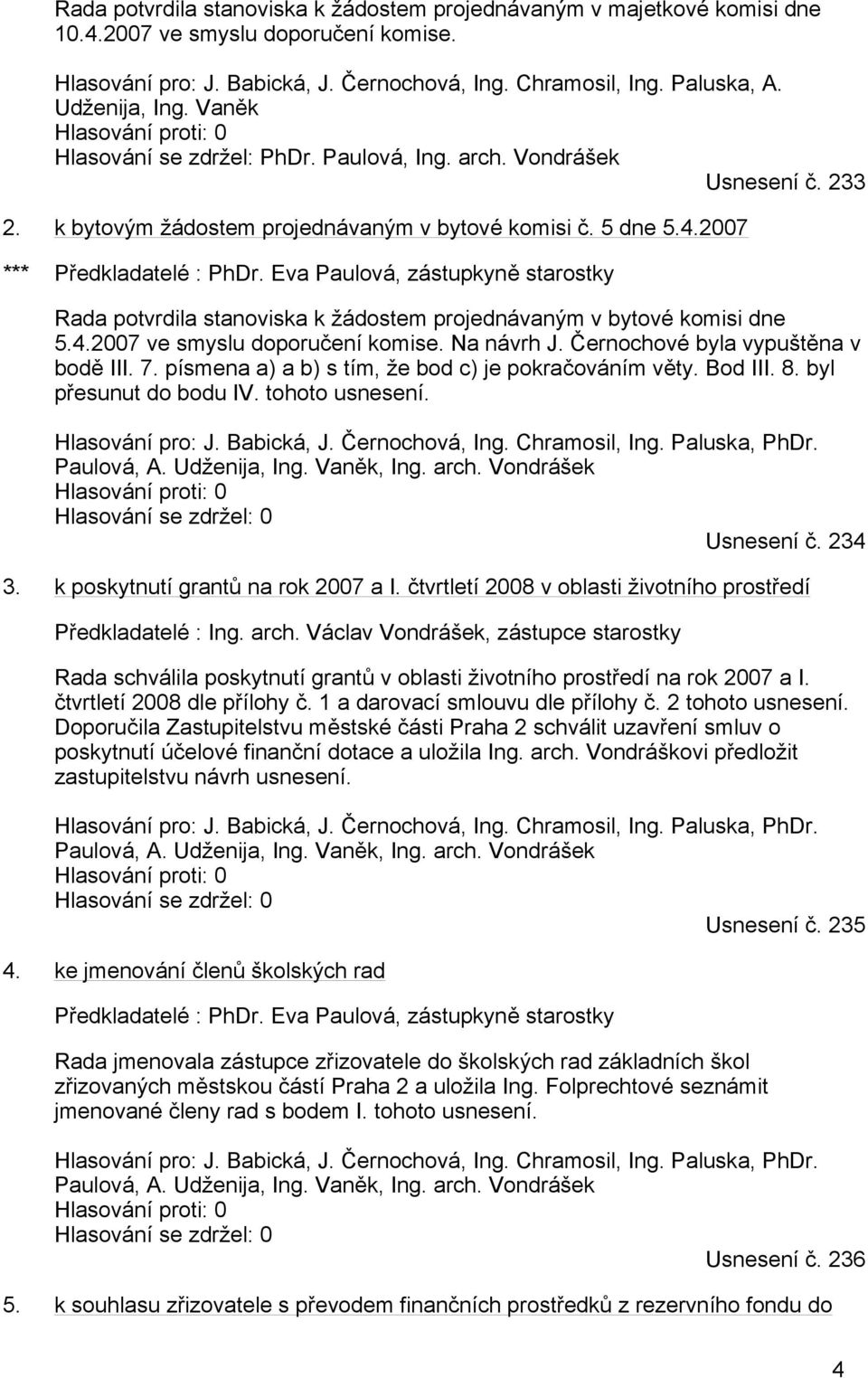 2007 *** Předkladatelé : PhDr. Eva Paulová, zástupkyně starostky Rada potvrdila stanoviska k žádostem projednávaným v bytové komisi dne 5.4.2007 ve smyslu doporučení komise. Na návrh J.