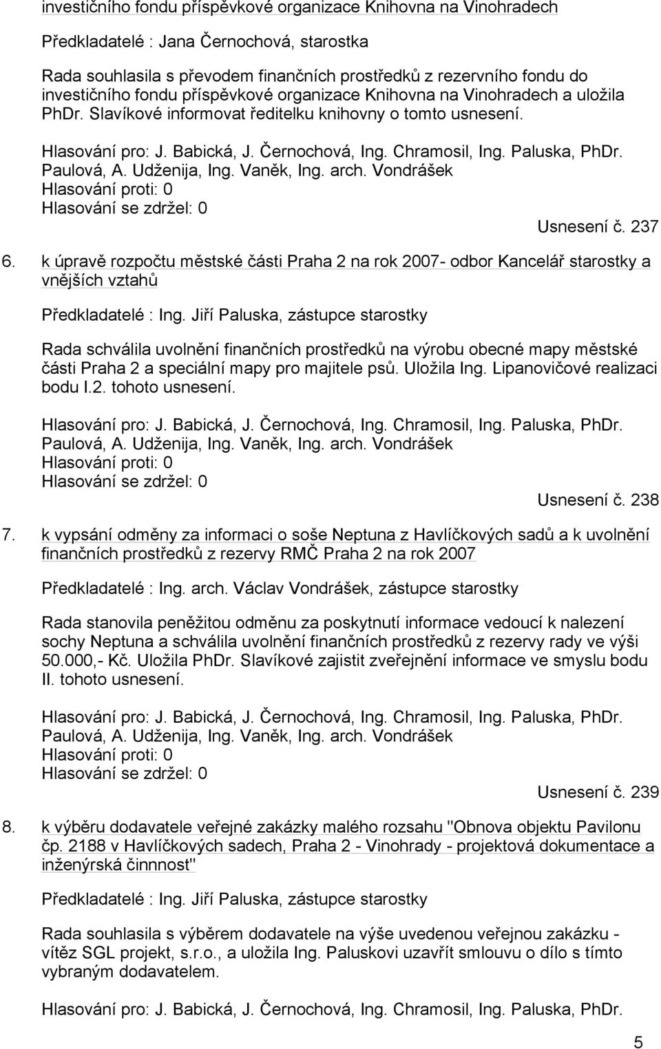 Paulová, A. Udženija, Ing. Vaněk, Ing. arch. Vondrášek Hlasování proti: 0 Hlasování se zdržel: 0 Usnesení č. 237 6.