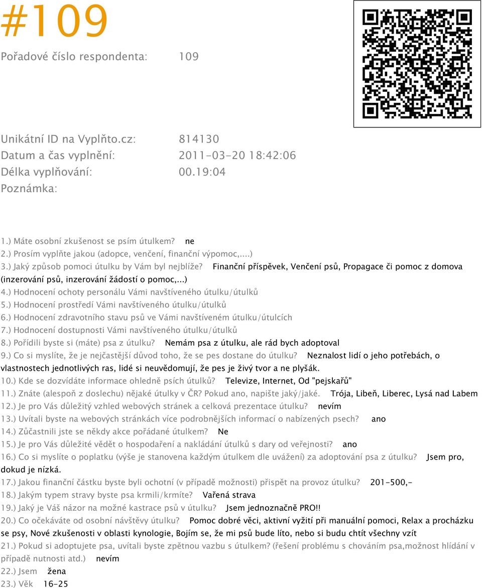 ) Co si myslíte, že je nejčastější důvod toho, že se pes dostane do útulku? Neznalost lidí o jeho potřebách, o vlastnostech jednotlivých ras, lidé si neuvědomují, že pes je živý tvor a ne plyšák. 10.