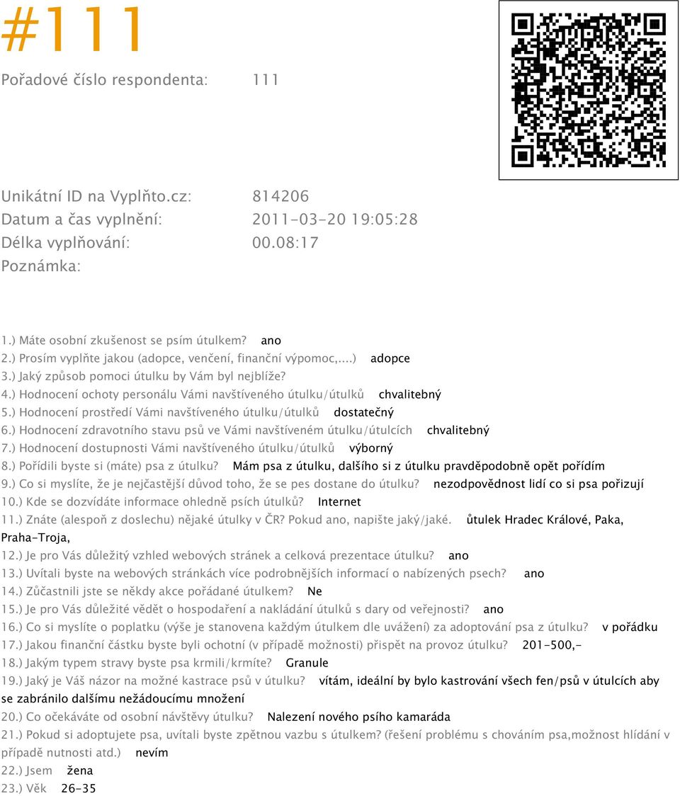 Mám psa z útulku, dalšího si z útulku pravděpodobně opět pořídím 9.) Co si myslíte, že je nejčastější důvod toho, že se pes dostane do útulku? nezodpovědnost lidí co si psa pořizují 10.