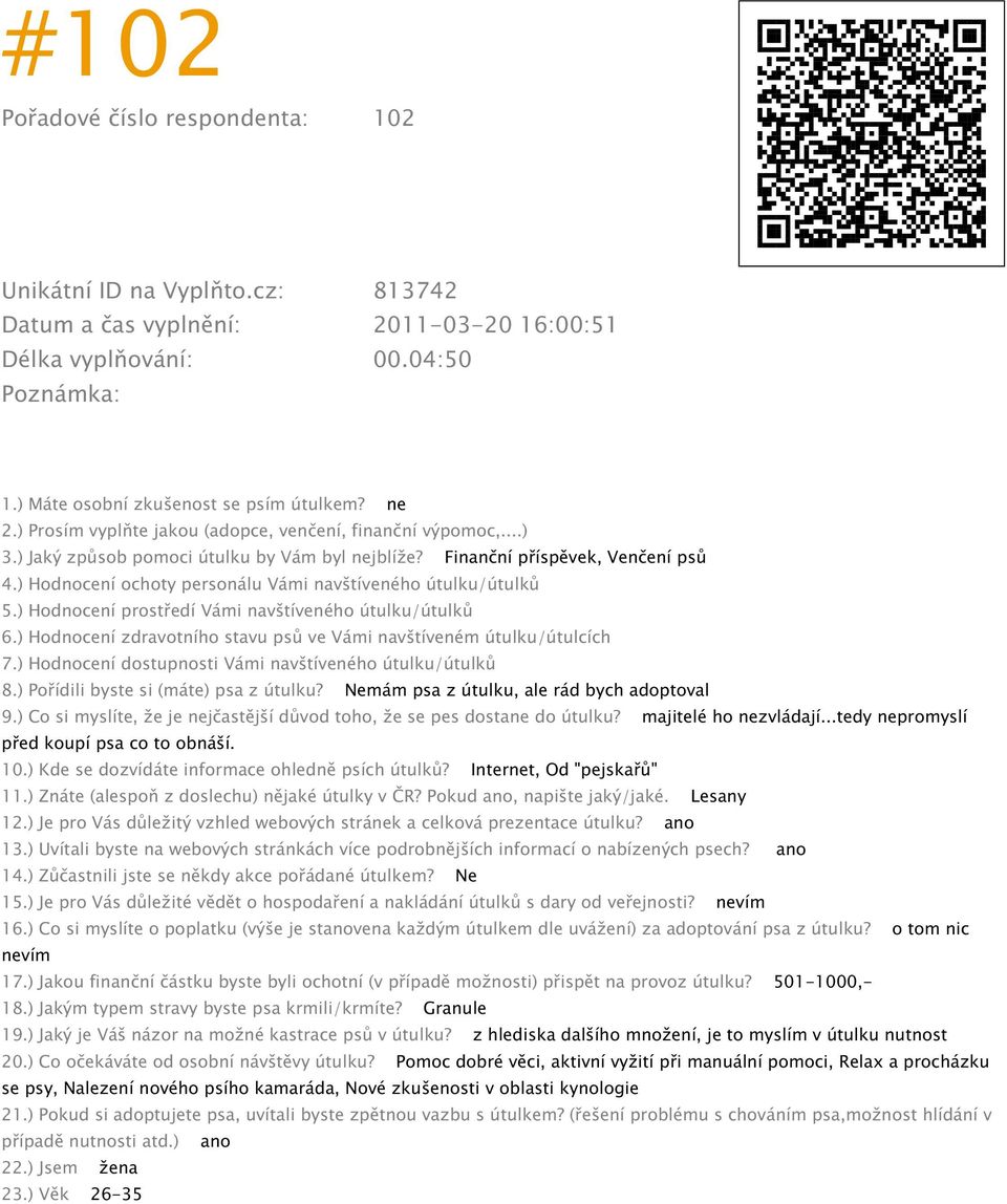 majitelé ho nezvládají...tedy nepromyslí před koupí psa co to obnáší. 10.) Kde se dozvídáte informace ohledně psích útulků? Internet, Od "pejskařů" 11.) Znáte (alespoň z doslechu) nějaké útulky v ČR?