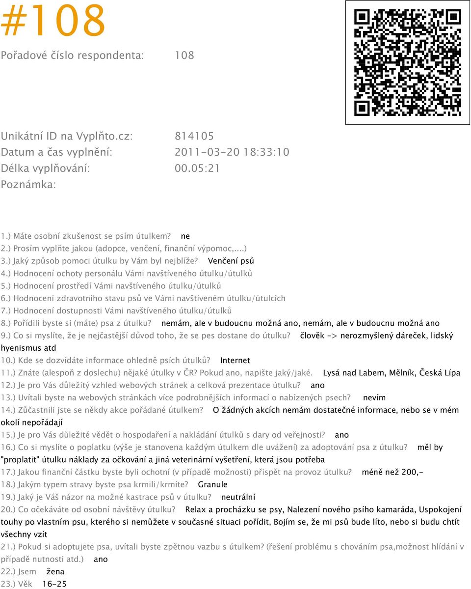 člověk -> nerozmyšlený dáreček, lidský hyenismus atd 10.) Kde se dozvídáte informace ohledně psích útulků? Internet 11.) Znáte (alespoň z doslechu) nějaké útulky v ČR? Pokud ano, napište jaký/jaké.