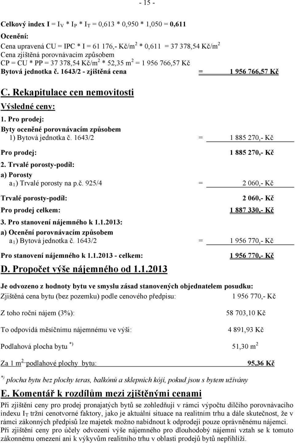 Pro prodej: Byty oceněné porovnávacím způsobem 1) Bytová jednotka č. 1643/2 = 1 885 270,- Kč Pro prodej: 1 885 270,- Kč 2. Trvalé porosty-podíl: a) Porosty a 1 ) Trvalé porosty na p.č. 925/4 = 2 060,- Kč Trvalé porosty-podíl: 2 060,- Kč Pro prodej celkem: 1 887 330,- Kč 3.