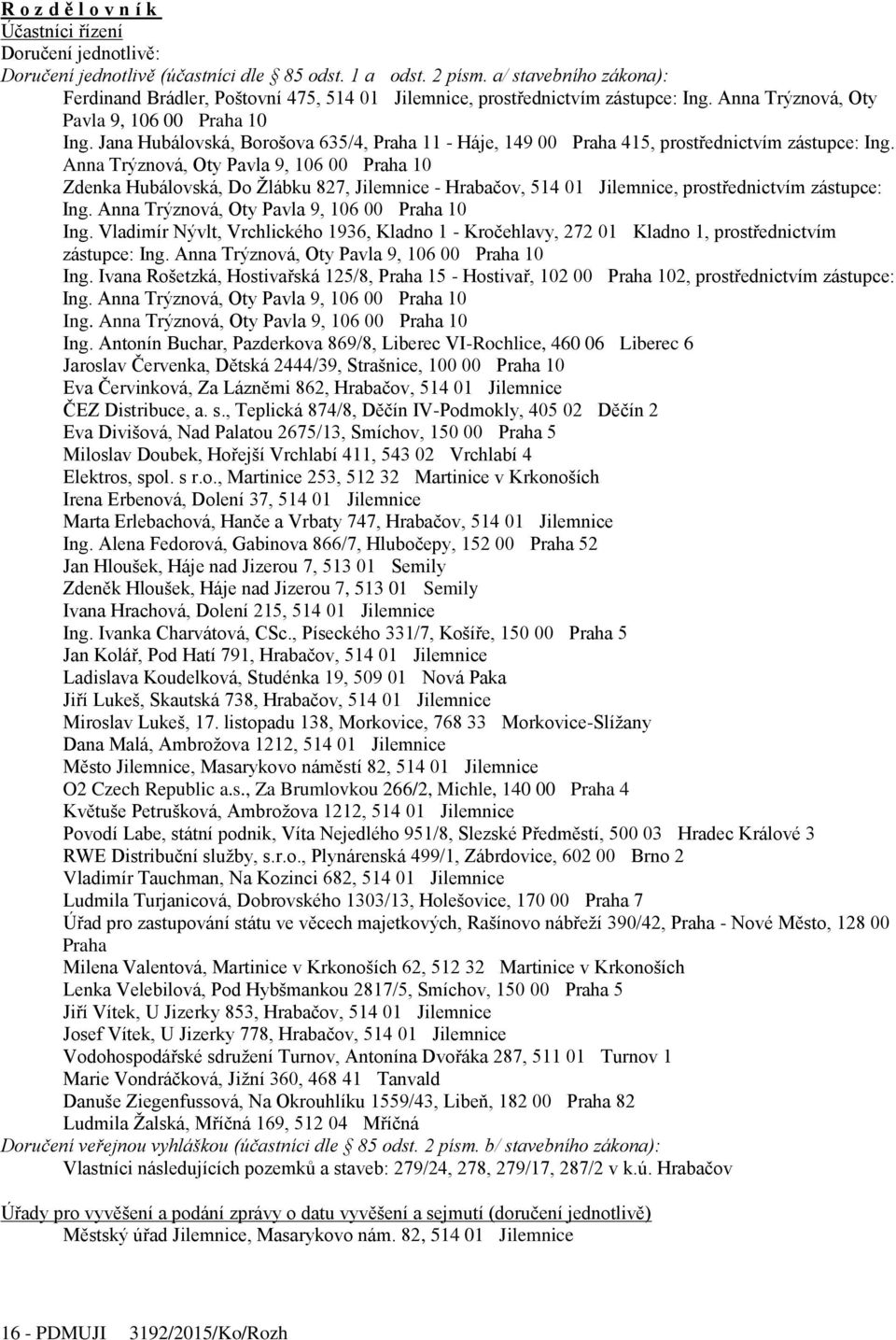 Jana Hubálovská, Borošova 635/4, Praha 11 - Háje, 149 00 Praha 415, prostřednictvím zástupce: Ing.