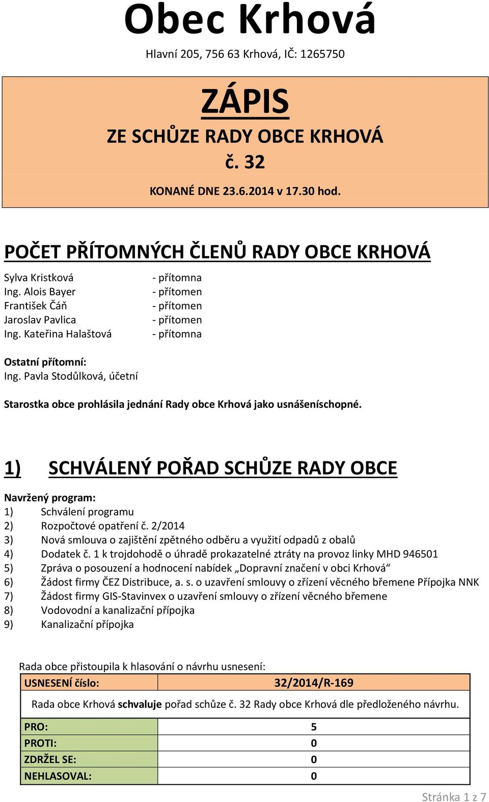 Pavla Stodůlková, účetní - přítomna - přítomen - přítomen - přítomen - přítomna Starostka obce prohlásila jednání Rady obce Krhová jako usnášeníschopné.