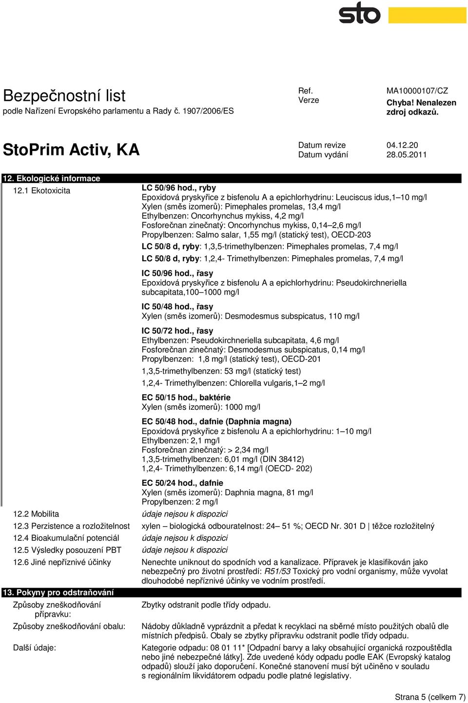 zinečnatý: Oncorhynchus mykiss, 0,14 2,6 mg/l Propylbenzen: Salmo salar, 1,55 mg/l (statický test), OECD-203 LC 50/8 d, ryby: 1,3,5-trimethylbenzen: Pimephales promelas, 7,4 mg/l LC 50/8 d, ryby: