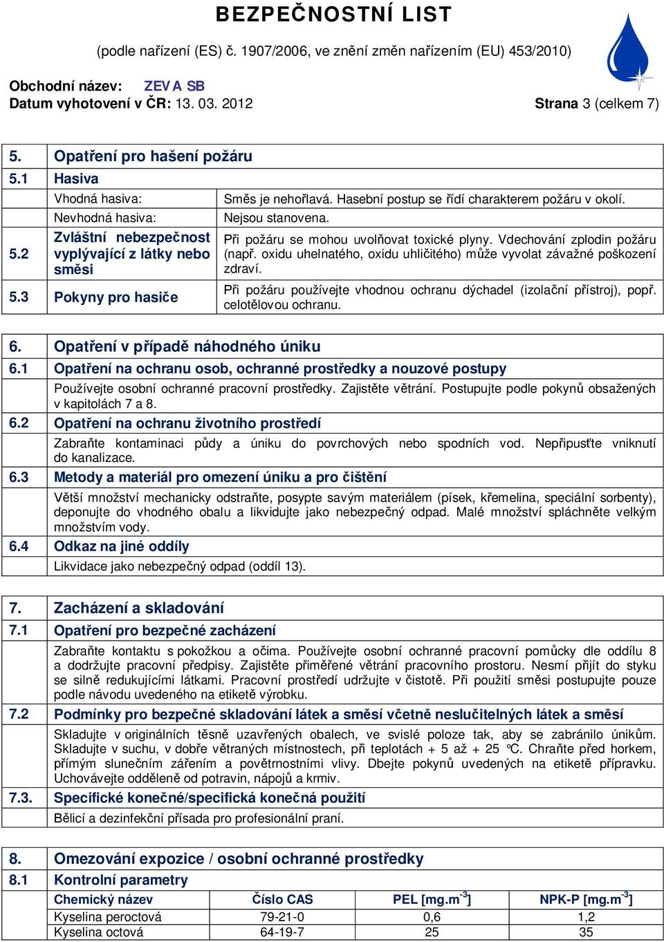 oxidu uhelnatého, oxidu uhli itého) m že vyvolat závažné poškození zdraví. 5.3 Pokyny pro hasi e 6.