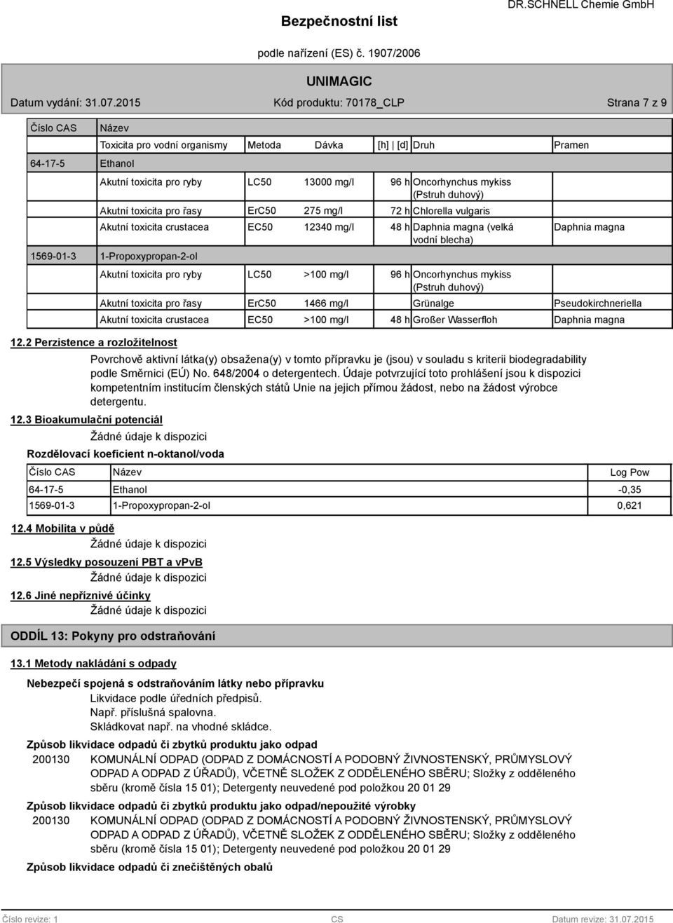 Akutní toxicita pro řasy LC50 >100 mg/l 96 h Oncorhynchus mykiss (Pstruh duhový) ErC50 1466 mg/l Grünalge Pseudokirchneriella Akutní toxicita crustacea EC50 >100 mg/l 48 h Großer Wasserfloh Daphnia