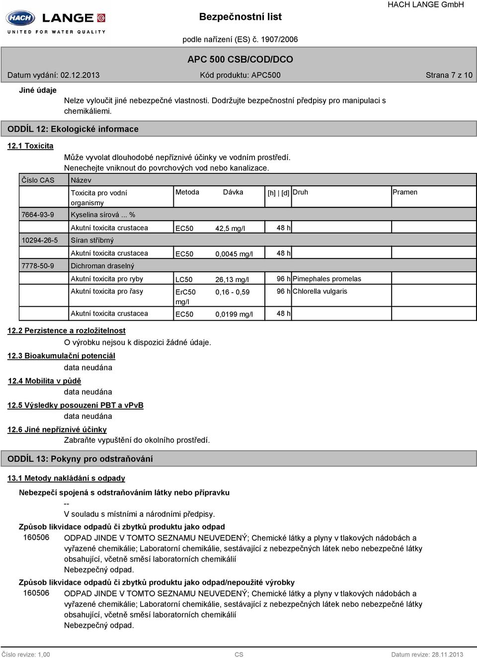 Název Toxicita pro vodní organismy Kyselina sírová.