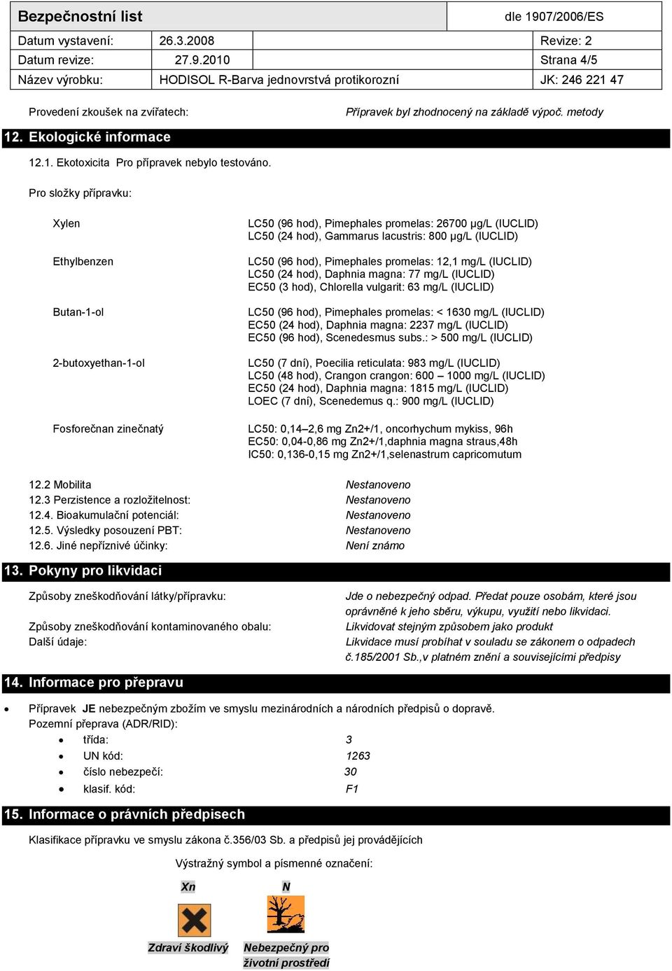 (IUCLID) LC50 (96 hod), Pimephales promelas: 12,1 mg/l (IUCLID) LC50 (24 hod), Daphnia magna: 77 mg/l (IUCLID) EC50 (3 hod), Chlorella vulgarit: 63 mg/l (IUCLID) LC50 (96 hod), Pimephales promelas: <