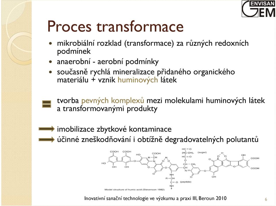 komplexů mezi molekulami huminových látek a transformovanými produkty imobilizace zbytkové kontaminace účinné