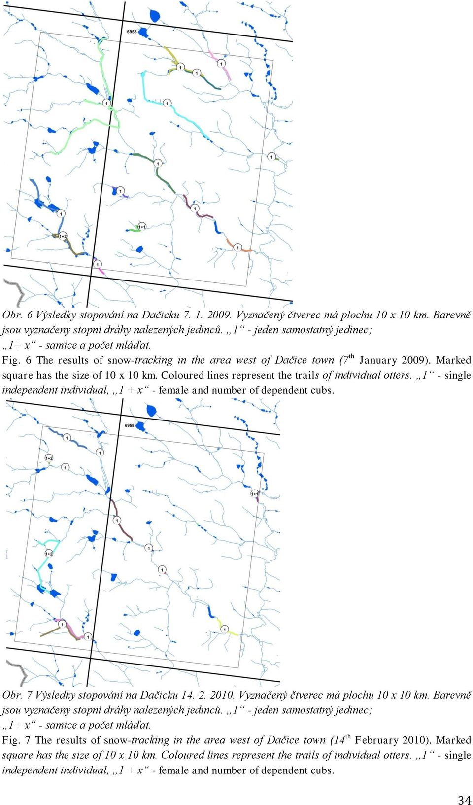 6 The results of snow-tracking in the area west of Dačice town (7 th January 2009). Marked Obr. 7 Výsledky stopování na Dačicku 14. 2. 2010.