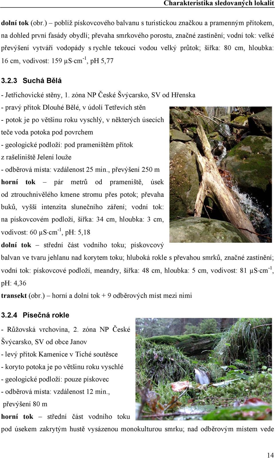 rychle tekoucí vodou velký průtok; šířka: 80 cm, hloubka: 16 cm, vodivost: 159 µs cm -1, ph 5,77 3.2.3 Suchá Bělá - Jetřichovické stěny, 1.