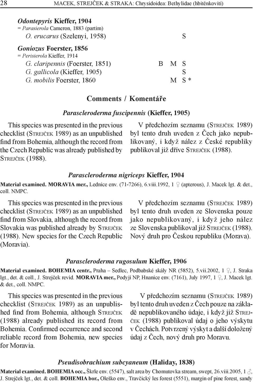 mobilis Foerster, 1860 M S * Comments / Komentáře Parascleroderma fuscipennis (Kieffer, 1905) checklist (STREJČEK 1989) as an unpublished find from Bohemia, although the record from the Czech