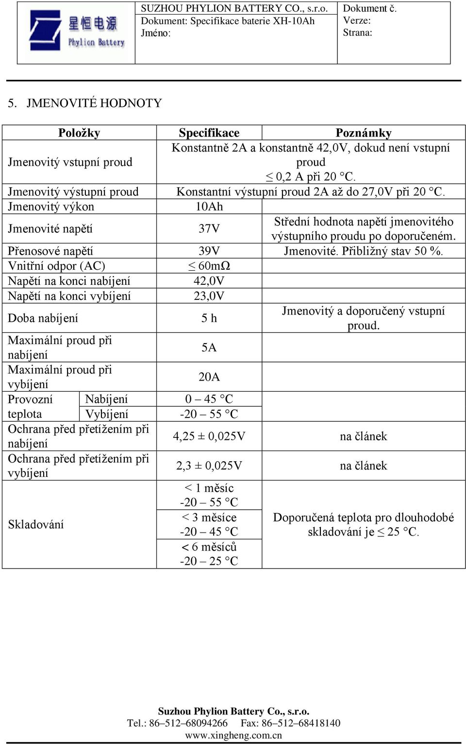 Přenosové napětí 39V Jmenovité. Přibližný stav 50 %. Vnitřní odpor (AC) 60mΩ Napětí na konci nabíjení 42,0V Napětí na konci vybíjení 23,0V Doba nabíjení 5 h Jmenovitý a doporučený vstupní proud.