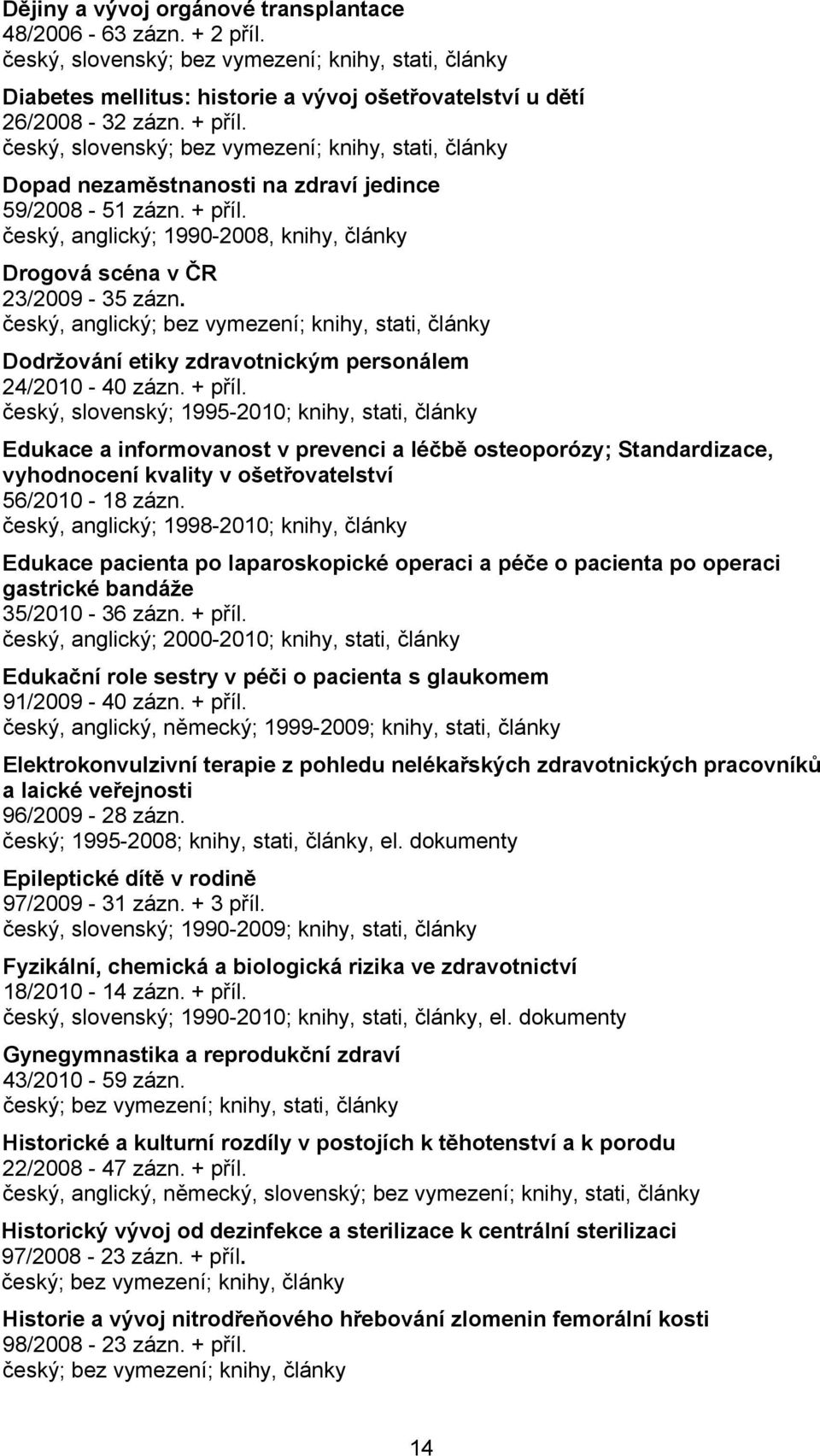 český, anglický; 1990-2008, knihy, články Drogová scéna v ČR 23/2009-35 zázn. Dodržování etiky zdravotnickým personálem 24/2010-40 zázn. + příl.