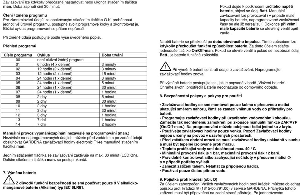 Přehled programů Číslo programu Cyklus Doba trvání 00 není aktivní žádný program 01 6 hodin (4 x denně) 3 minuty 02 12 hodin (2 x denně) 3 minuty 03 12 hodin (2 x denně) 15 minut 04 24 hodin (1 x