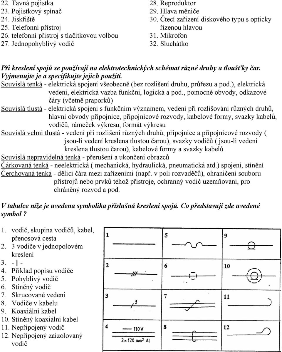 Vyjmenujte je a specifikujte jejich použití. Souvislá tenká - elektrická spojení všeobecně (bez rozlišení druhu, průřezu a pod.), elektrická vedení, elektrická vazba funkční, logická a pod.