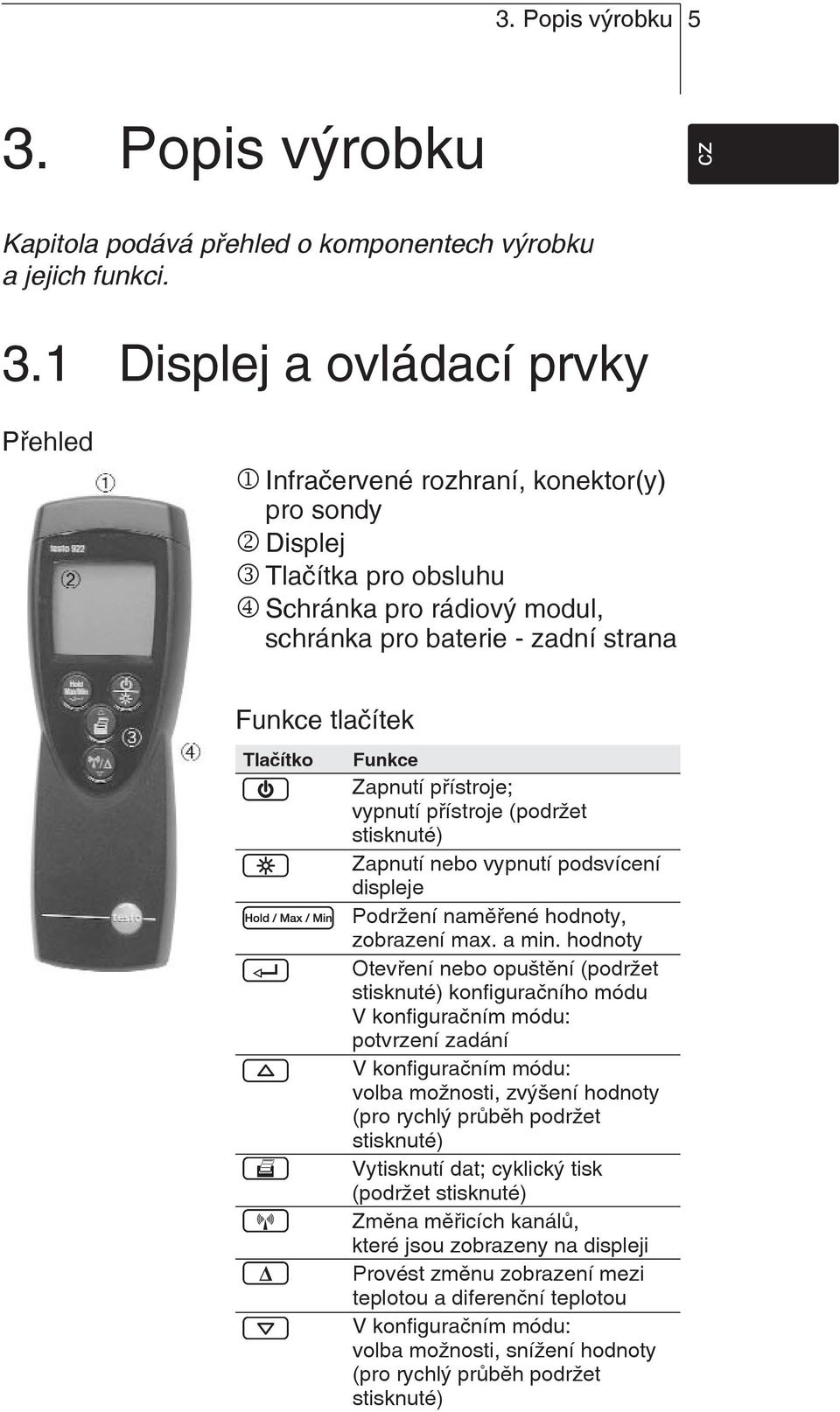 1 Displej a ovládací prvky es fr en cz Přehled 1 Infračervené rozhraní, konektor(y) pro sondy 2 Displej 3 Tlačítka pro obsluhu 4 Schránka pro rádiový modul, schránka pro baterie - zadní strana it pt