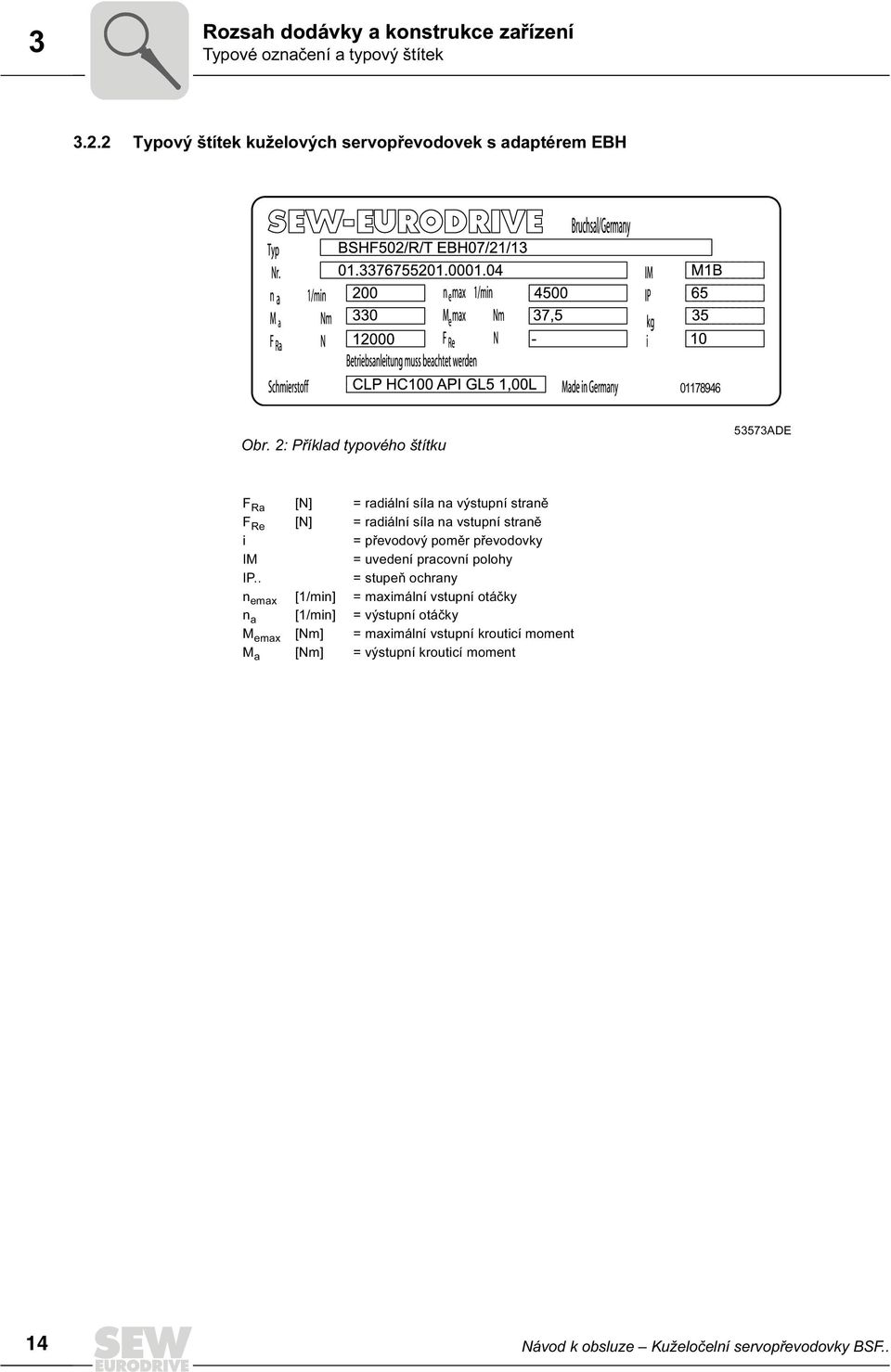 2: Příklad typového štítku 53573ADE F Ra [N] = radiální síla na výstupní straně F Re [N] = radiální síla na vstupní straně i = převodový