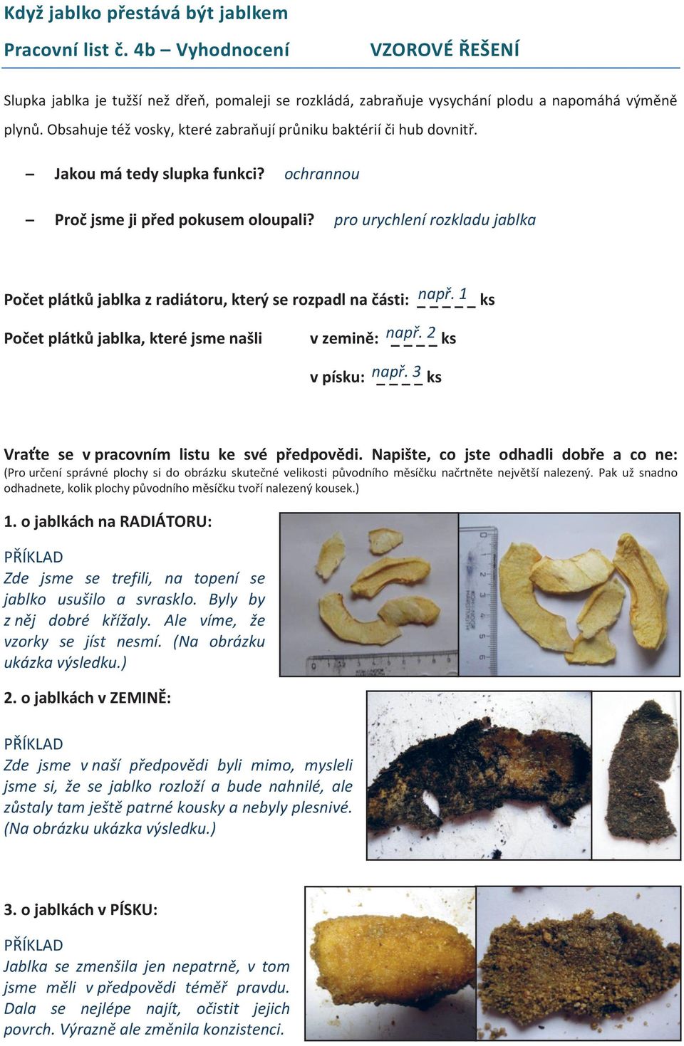 pro urychlení rozkladu jablka Počet plátků jablka z radiátoru, který se rozpadl na části: _ např. _ 1 _ ks Počet plátků jablka, které jsme našli v zemině: např. _ 2 _ ks v písku: např.